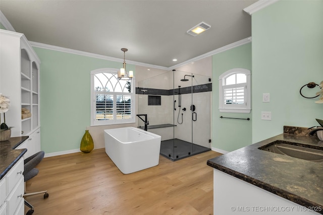 bathroom with crown molding, vanity, hardwood / wood-style flooring, and plus walk in shower