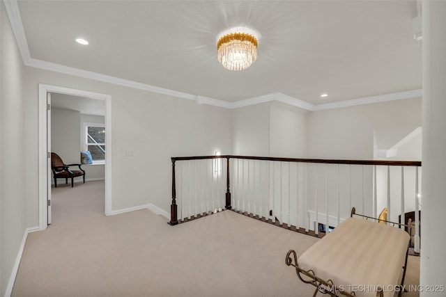 hallway featuring light carpet and ornamental molding