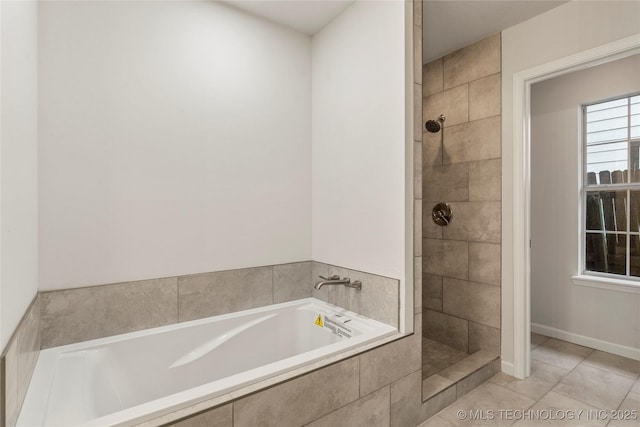 bathroom with tile patterned floors and plus walk in shower