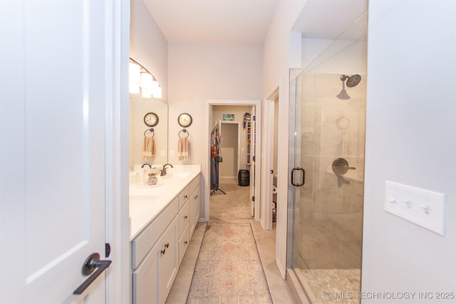 bathroom featuring tile patterned flooring, vanity, and an enclosed shower