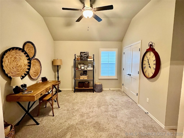 office with lofted ceiling, light colored carpet, and ceiling fan