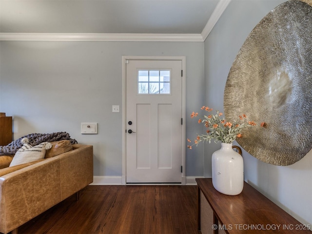 entryway with dark hardwood / wood-style flooring and crown molding