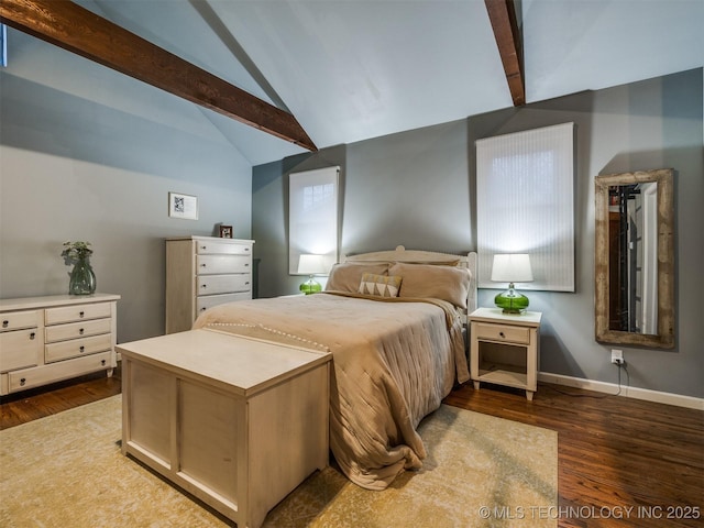 bedroom featuring lofted ceiling with beams and light wood-type flooring