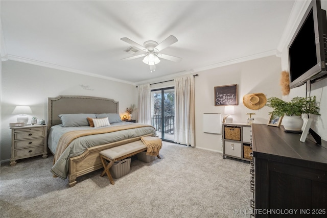 carpeted bedroom featuring access to exterior, ornamental molding, and ceiling fan