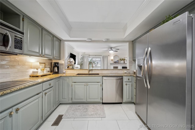 kitchen featuring ornamental molding, stainless steel appliances, a tray ceiling, and sink