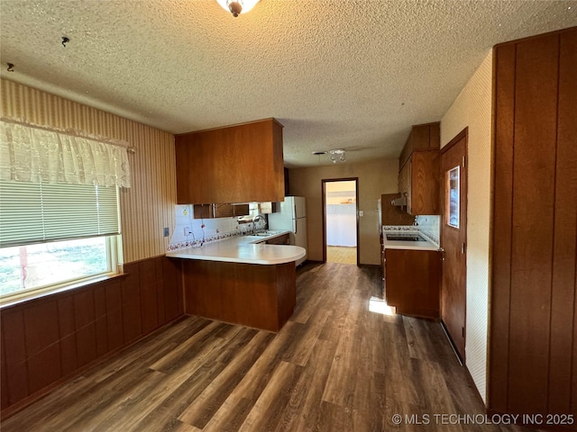 kitchen featuring sink, dark wood-type flooring, range, a textured ceiling, and kitchen peninsula