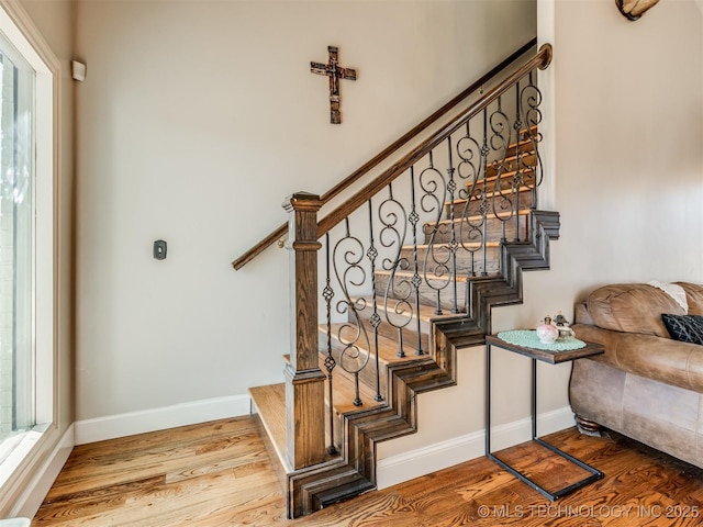 stairway with hardwood / wood-style floors