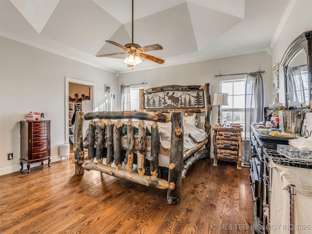 bedroom with crown molding, ceiling fan, hardwood / wood-style floors, a tray ceiling, and a spacious closet