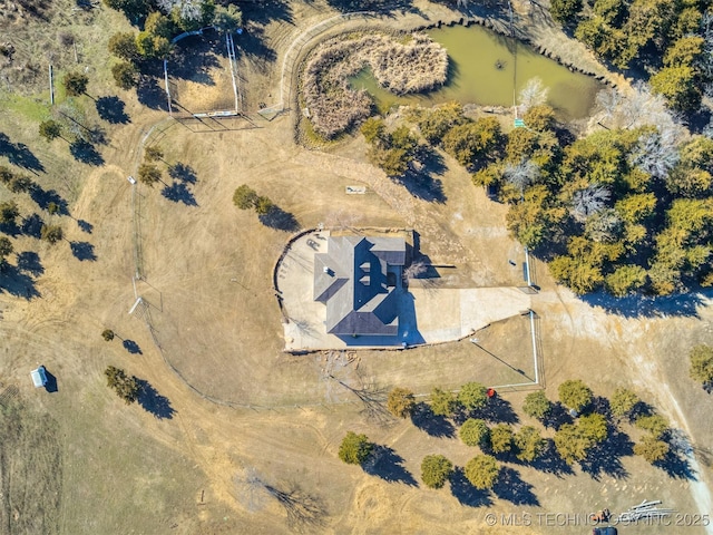 aerial view featuring a water view and a rural view