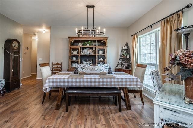 dining area featuring hardwood / wood-style flooring and a chandelier