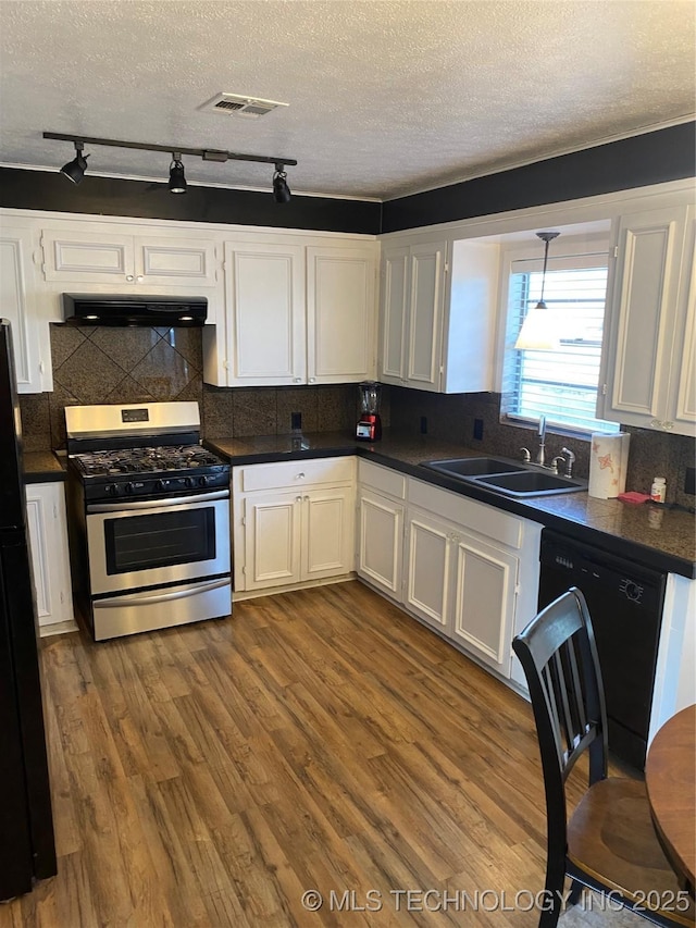 kitchen with white cabinetry, wood-type flooring, sink, and black appliances