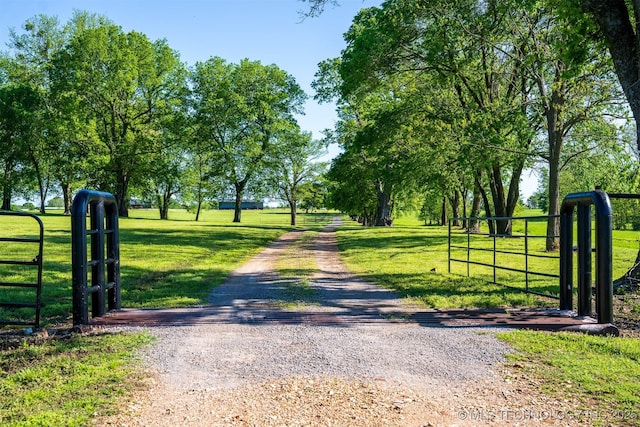 view of street with a gate, gravel driveway, and a gated entry