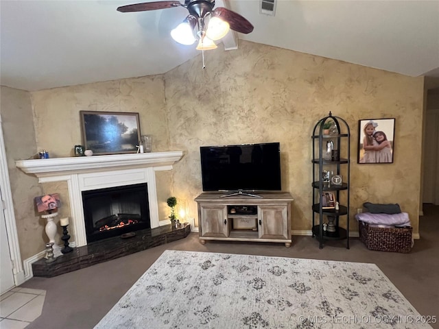 living room with lofted ceiling and ceiling fan