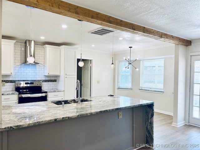 kitchen with decorative light fixtures, white cabinetry, sink, stainless steel range with electric cooktop, and wall chimney exhaust hood