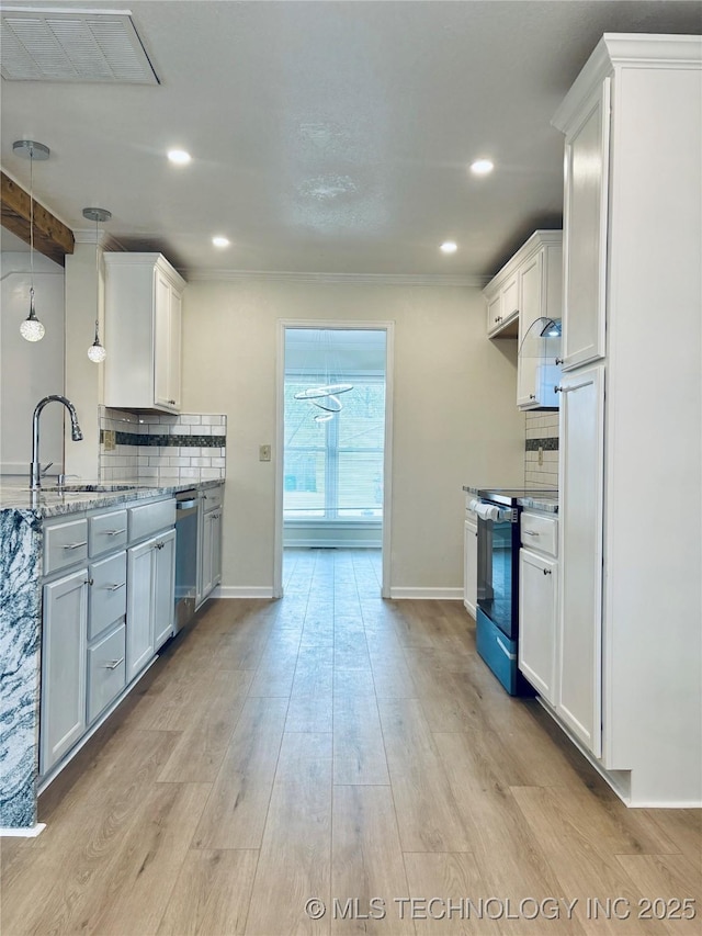 kitchen with range with electric cooktop, white cabinets, backsplash, hanging light fixtures, and stainless steel dishwasher