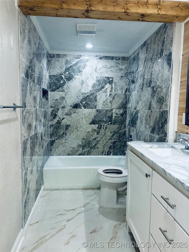 full bathroom featuring vanity, ornamental molding, tile walls, and toilet