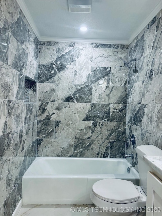 full bathroom with tile walls, vanity, crown molding, and toilet