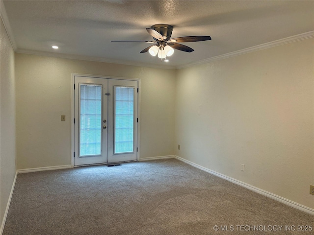 unfurnished room featuring carpet floors, ceiling fan, crown molding, a textured ceiling, and french doors