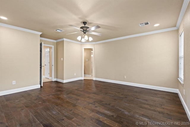 unfurnished room with visible vents, baseboards, ceiling fan, ornamental molding, and dark wood finished floors