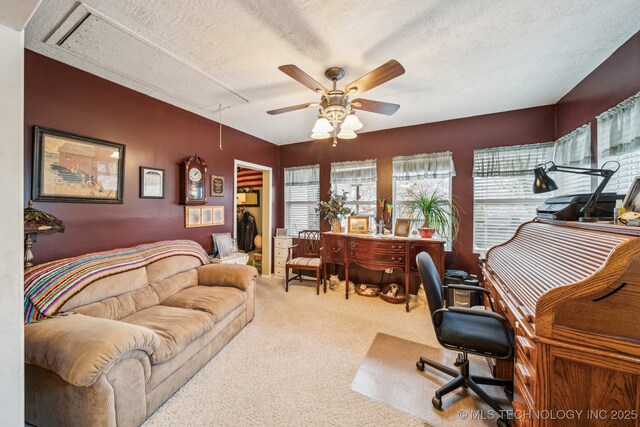 carpeted home office featuring ceiling fan, plenty of natural light, and a textured ceiling