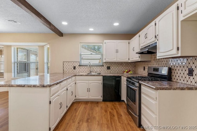 kitchen featuring stainless steel gas stove, sink, black dishwasher, white cabinets, and kitchen peninsula