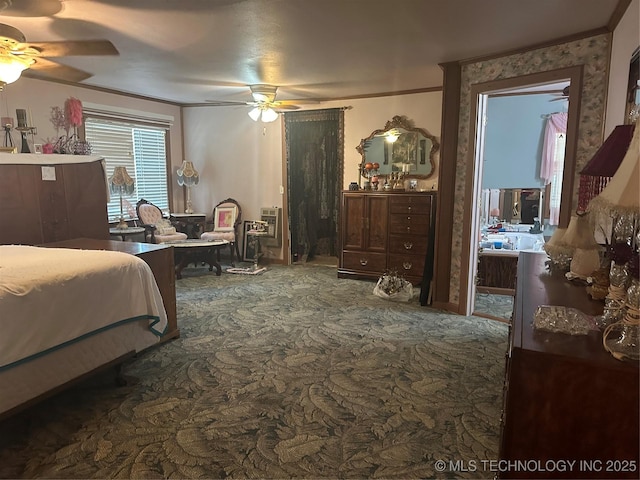 bedroom with dark colored carpet, ceiling fan, and crown molding