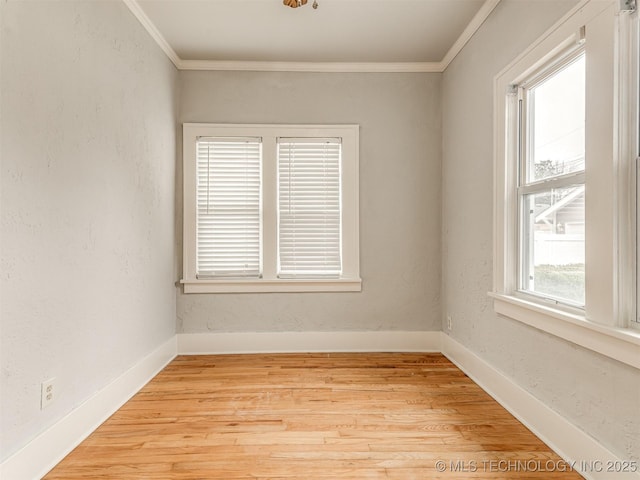 empty room featuring ornamental molding and light hardwood / wood-style floors