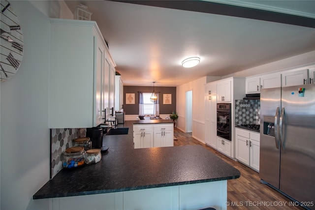 kitchen with stainless steel fridge with ice dispenser, white cabinets, and kitchen peninsula