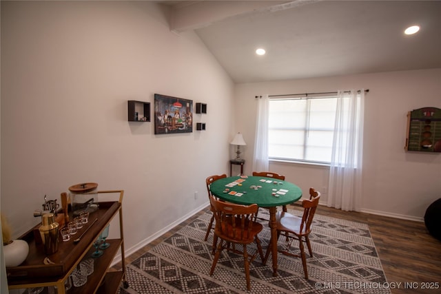 game room featuring lofted ceiling with beams and dark hardwood / wood-style floors