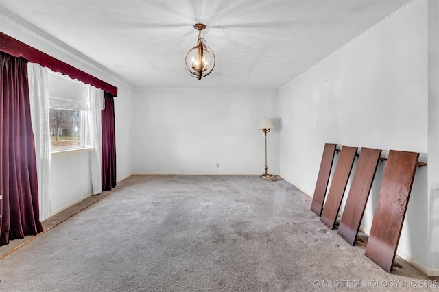 unfurnished room with crown molding, light colored carpet, and an inviting chandelier