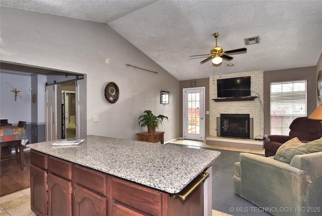 kitchen featuring ceiling fan, plenty of natural light, a barn door, and vaulted ceiling