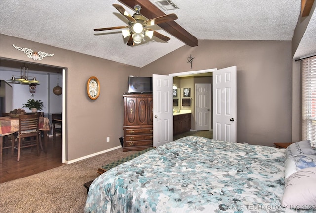 carpeted bedroom with ceiling fan, lofted ceiling with beams, and a textured ceiling