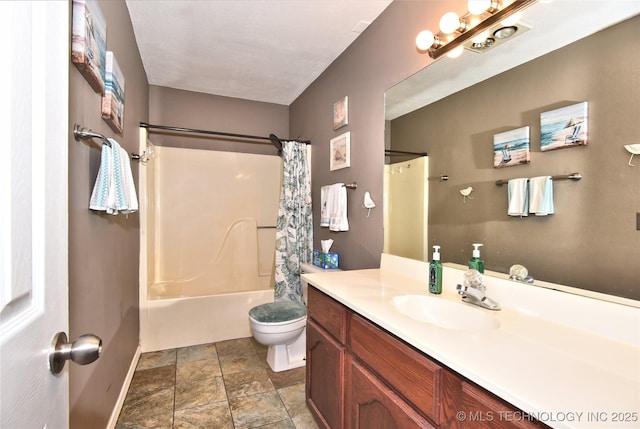 full bathroom with shower / bath combination with curtain, vanity, and toilet