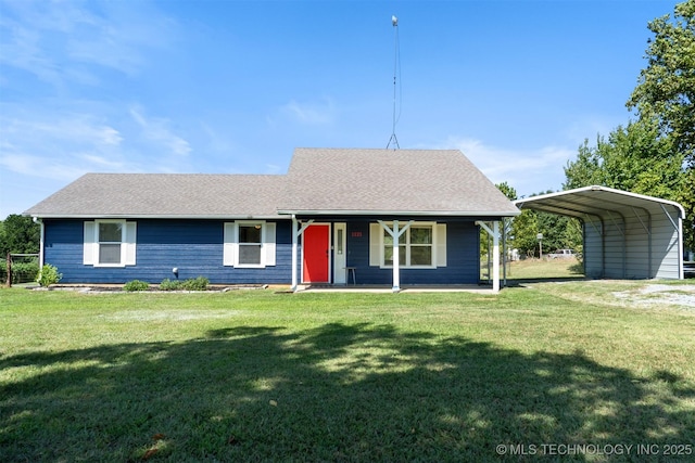 single story home with a carport, covered porch, and a front yard