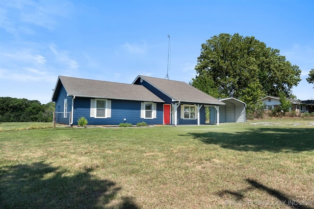 single story home with a front lawn and a carport