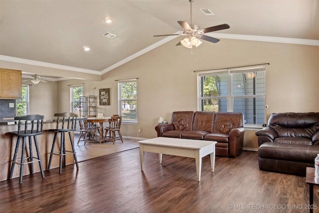 living room with crown molding, dark wood-type flooring, and vaulted ceiling