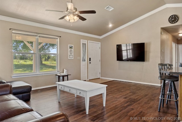 living room featuring lofted ceiling, crown molding, dark hardwood / wood-style floors, and ceiling fan