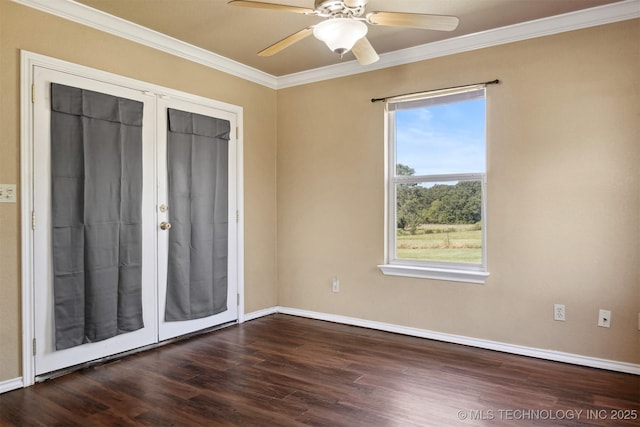 unfurnished room with dark hardwood / wood-style flooring, ornamental molding, and ceiling fan