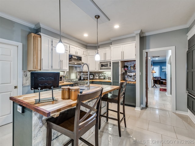 8918 S Lakewood Ave, Tulsa, OK 74137 - kitchen with stainless steel appliances, under cabinet range hood, wood counters, tasteful backsplash, and crown molding