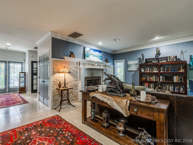 8918 S Lakewood Ave, Tulsa, OK 74137 - tiled office space featuring plenty of natural light, ornamental molding, a fireplace, and french doors