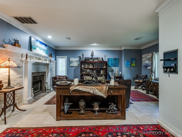8918 S Lakewood Ave, Tulsa, OK 74137 - living room featuring ornamental molding, a fireplace with flush hearth, light tile patterned floors, and recessed lighting