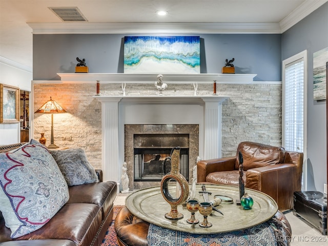 8918 S Lakewood Ave, Tulsa, OK 74137 - living room featuring crown molding and a high end fireplace