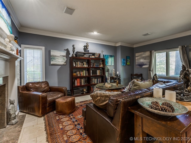 8918 S Lakewood Ave, Tulsa, OK 74137 - living room with healthy amount of natural light, crown molding, and a fireplace