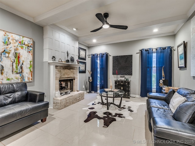 8918 S Lakewood Ave, Tulsa, OK 74137 - tiled living area with crown molding, a ceiling fan, a fireplace with raised hearth, and recessed lighting
