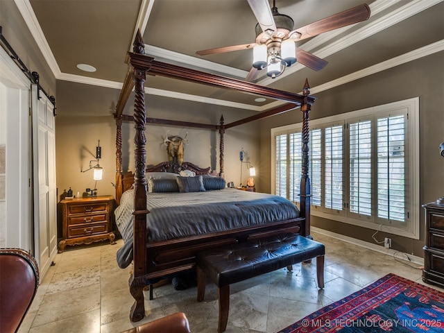 8918 S Lakewood Ave, Tulsa, OK 74137 - bedroom with ornamental molding, a barn door, and ceiling fan