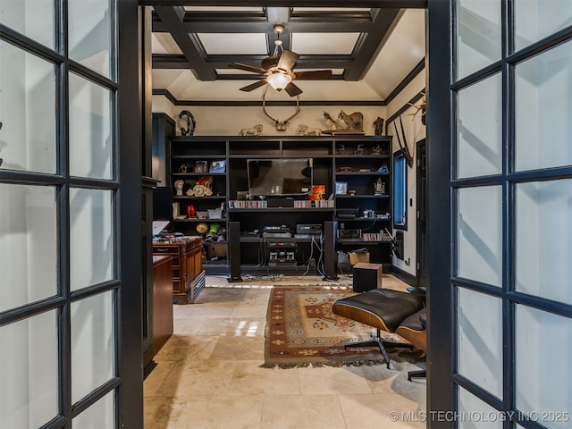8918 S Lakewood Ave, Tulsa, OK 74137 - office space featuring coffered ceiling and a ceiling fan