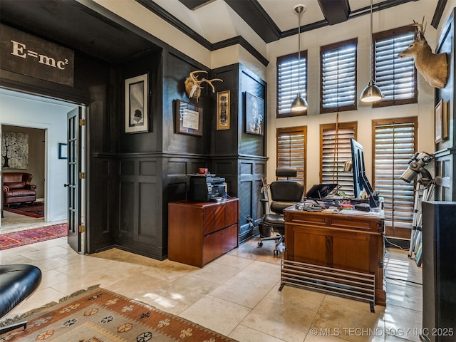 8918 S Lakewood Ave, Tulsa, OK 74137 - office space with a decorative wall, a towering ceiling, plenty of natural light, light tile patterned floors, and ornamental molding