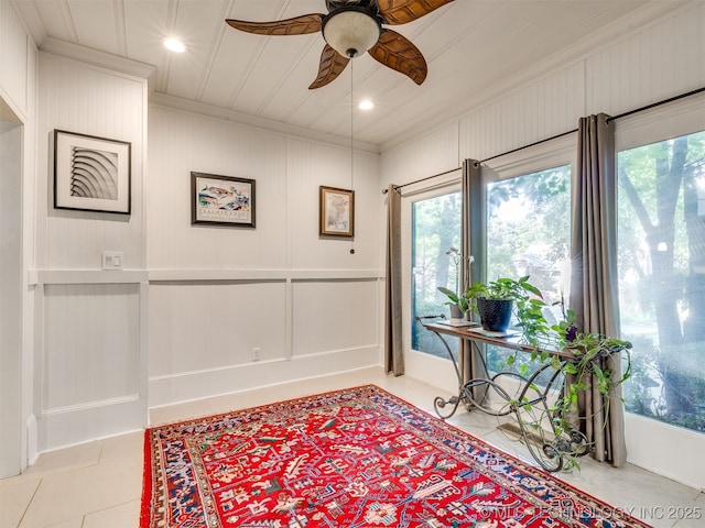 8918 S Lakewood Ave, Tulsa, OK 74137 - home office with ceiling fan, crown molding, light tile patterned flooring, and recessed lighting