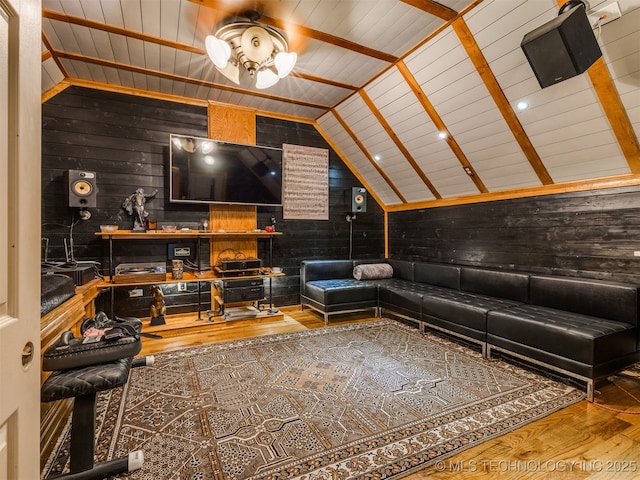 8918 S Lakewood Ave, Tulsa, OK 74137 - living area featuring hardwood / wood-style flooring, lofted ceiling, wood walls, and wooden ceiling