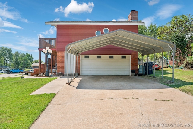 view of front of house featuring a carport, an outbuilding, a garage, and a front yard